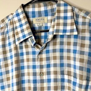 Hagen Carmel 100% Cotton Blue White Check Business Casual Button Down Shirt XXL